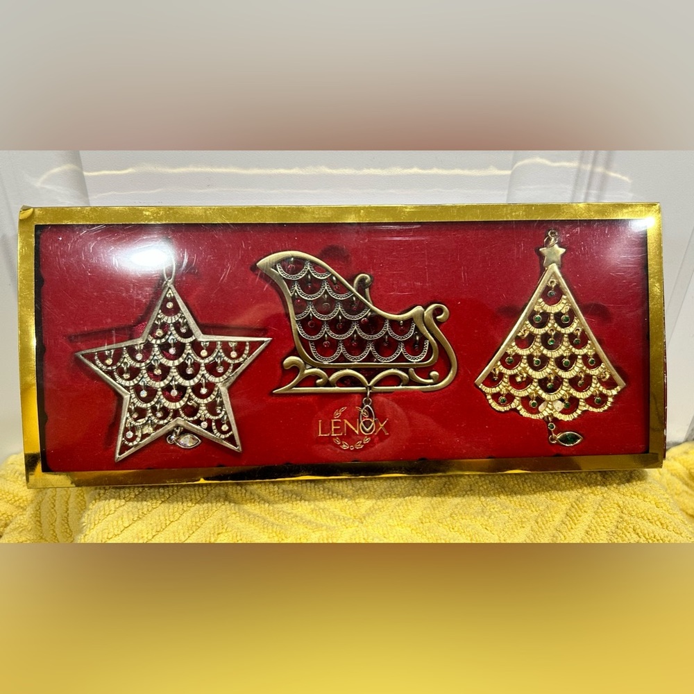 LENOX VINTAGE JEWELS Boxed Set of Three Ornaments Silver, Bronze & Gold Tones